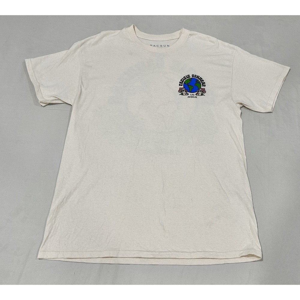 Pacsun Earth Mushroom Los Angeles Tee T shirt Pacific Sunwear Beige Double sided